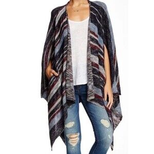 Free People Big Trail Poncho Oversized Sweater Womens Small Blue Red Stripe Boho